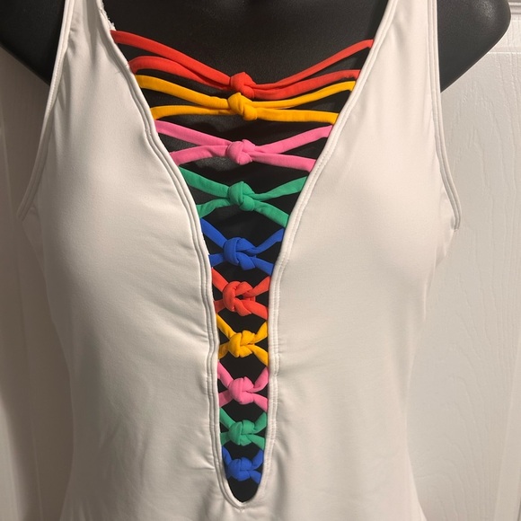NWT retails 109, Bleu Rod Beattie white swimsuit with rainbow straps - Picture 6 of 9